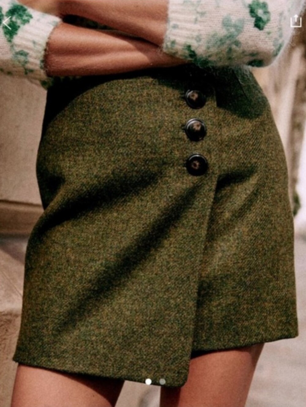 Sezane Wool-Blend Olive Green Mini Skirt with Button Detail